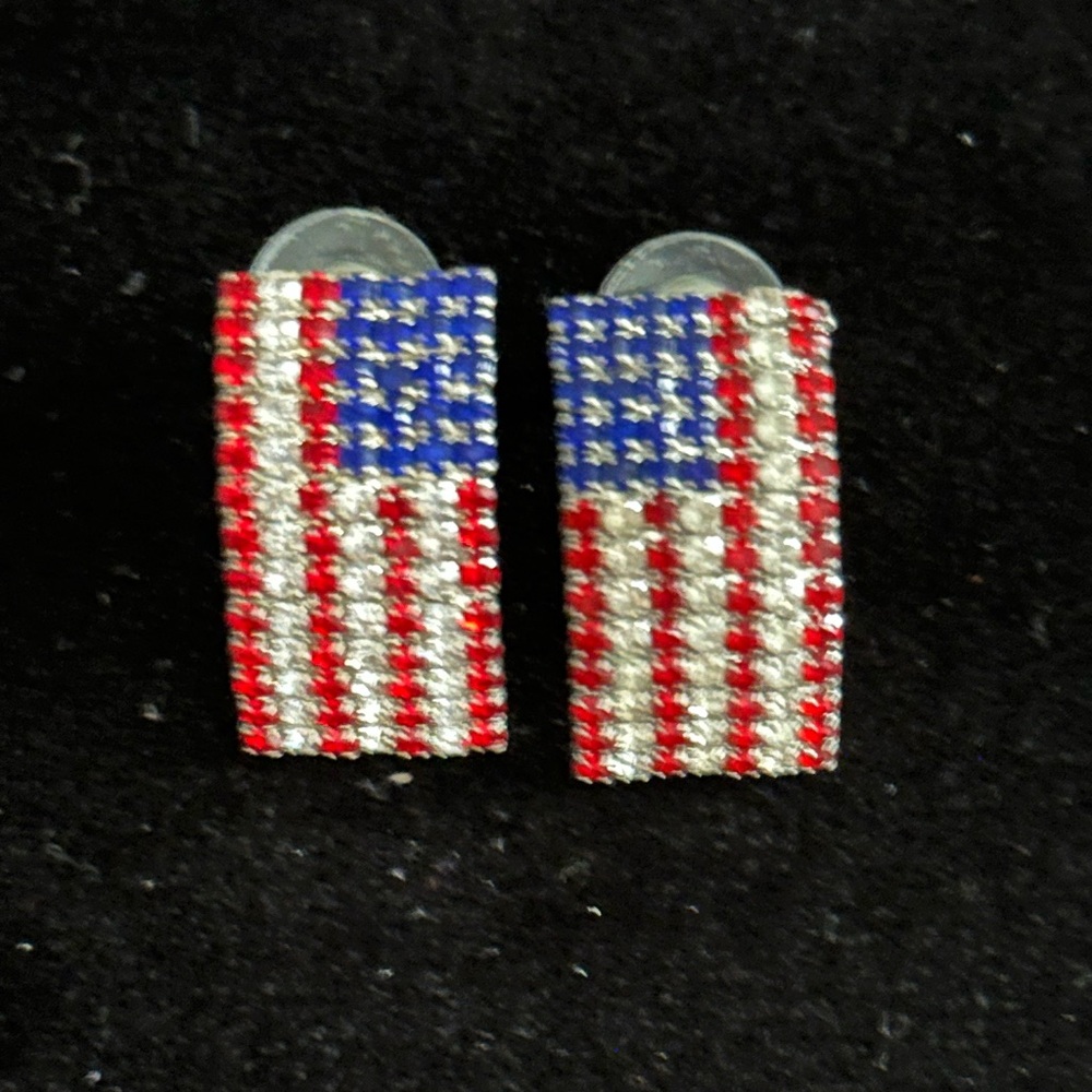 Rhinestone American Flag Stud Earrings - Red, White & Blue